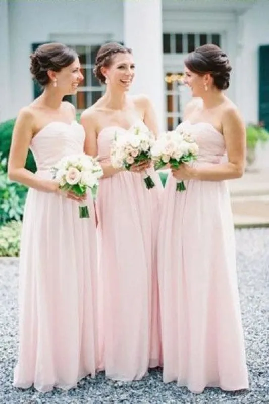 Simple Sweetheart Chiffon Pleats Pink Long Bridesmaid Dress