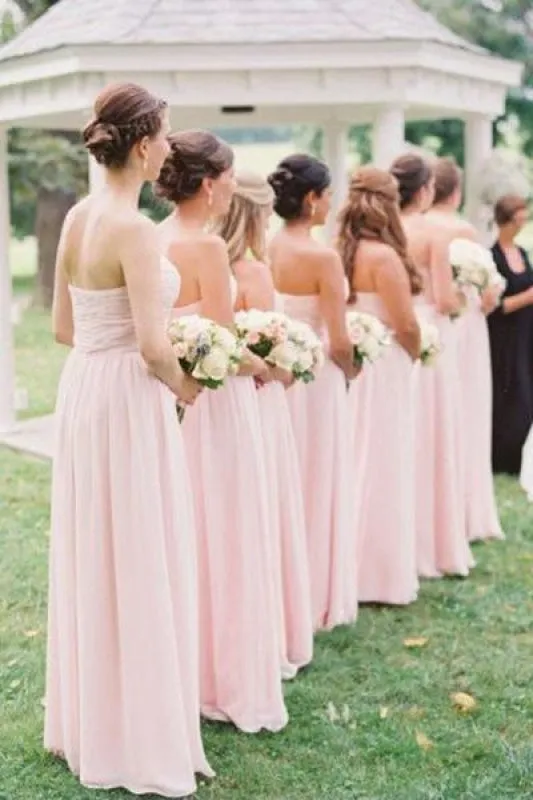 Simple Sweetheart Chiffon Pleats Pink Long Bridesmaid Dress