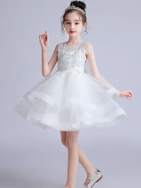 White Embroidered Kids Party Dresses Flower Girl Dresses Jewel Neck Sleeveless